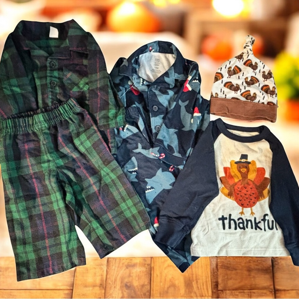 Thanksgiving Christmas Baby Pajama Bundle Turkey Hat 2 Flannel Sets 6-18 Festive